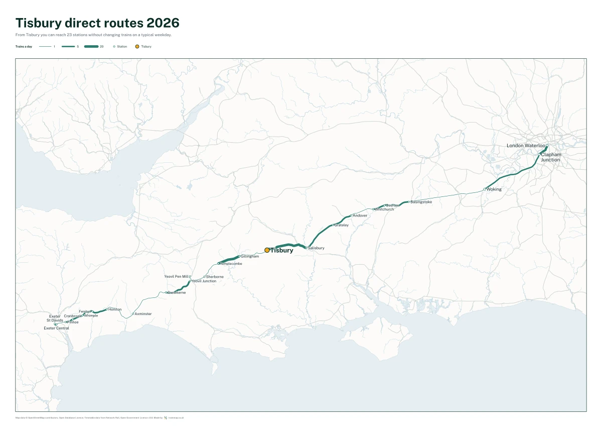 Tisbury direct routes 2026: a map of every station you can reach from Tisbury without changing trains, the lines thicker where more trains run