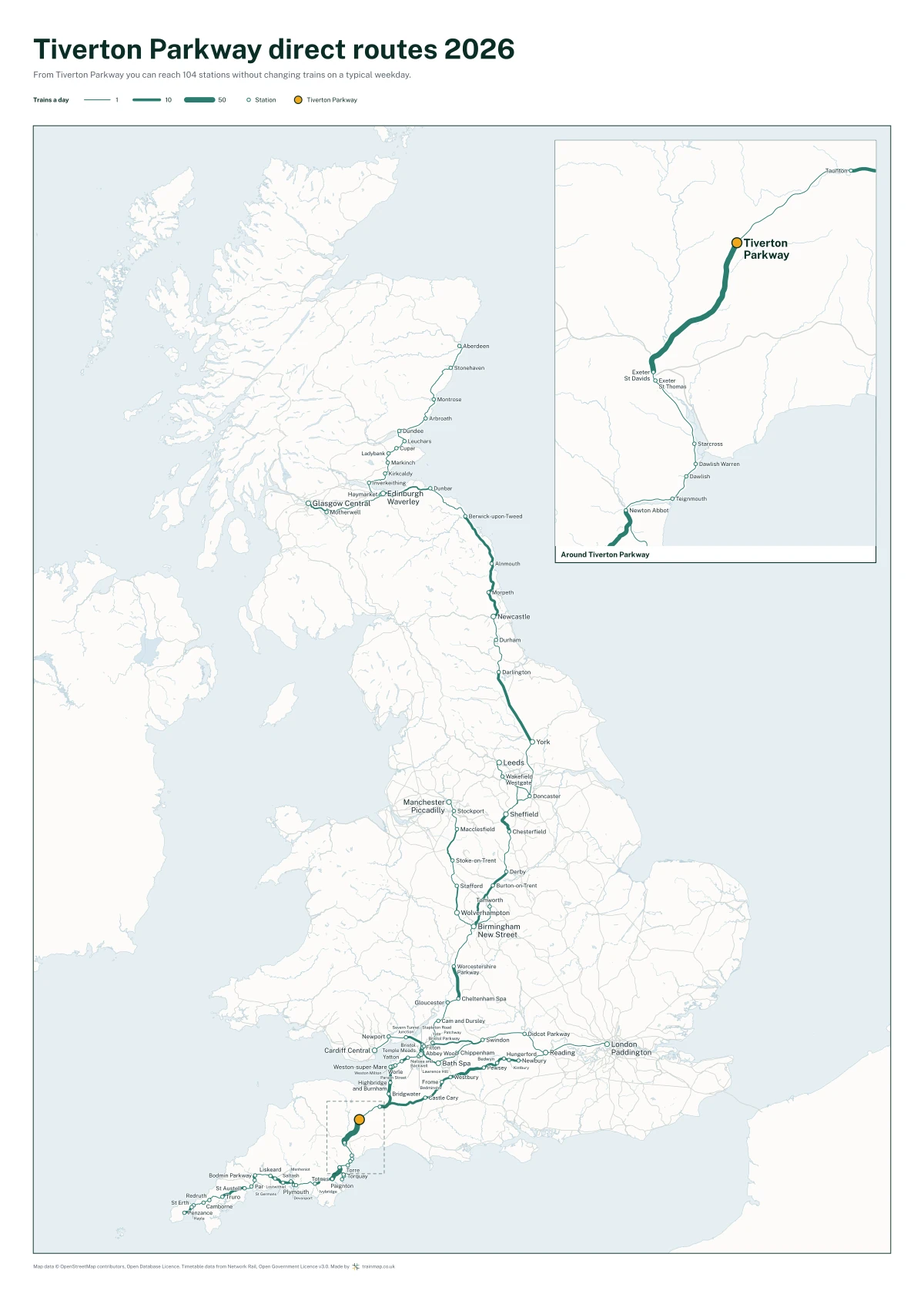 Tiverton Parkway direct routes 2026: a map of every station you can reach from Tiverton Parkway without changing trains, the lines thicker where more trains run
