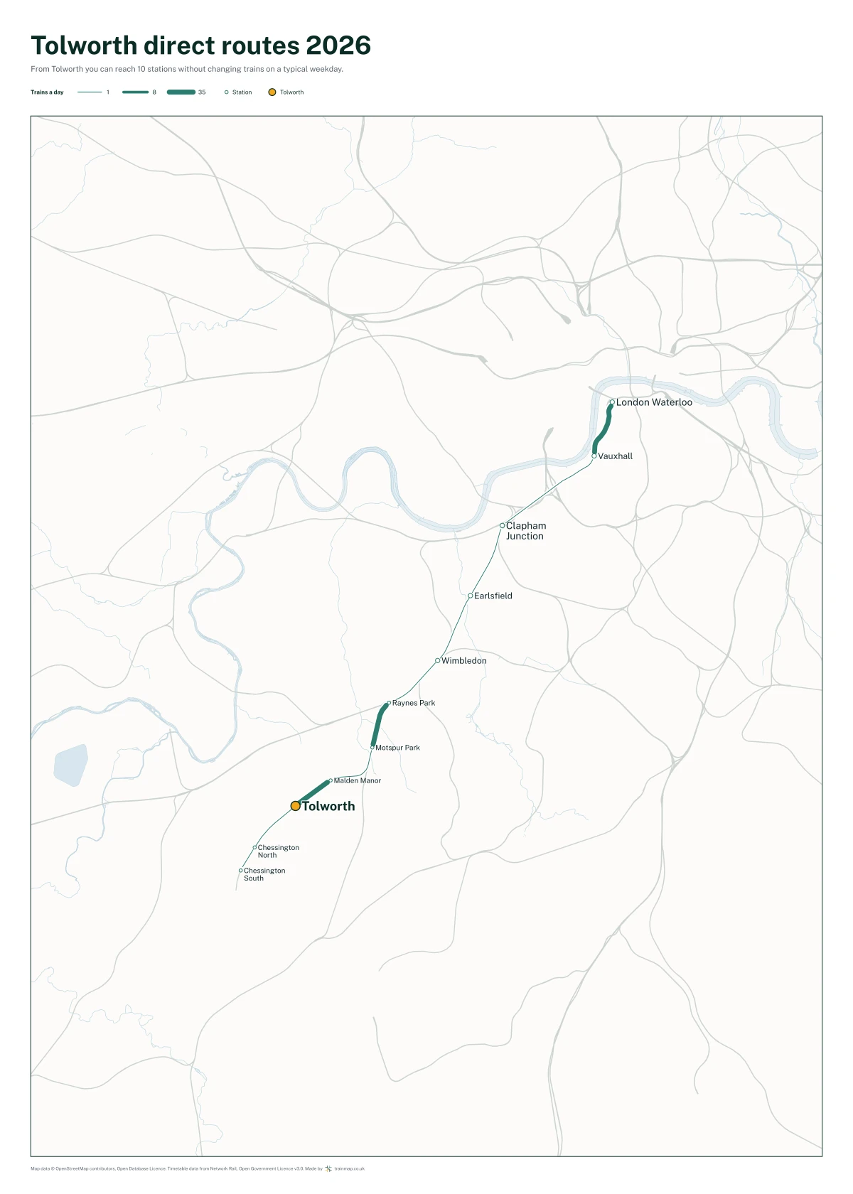 Tolworth direct routes 2026: a map of every station you can reach from Tolworth without changing trains, the lines thicker where more trains run