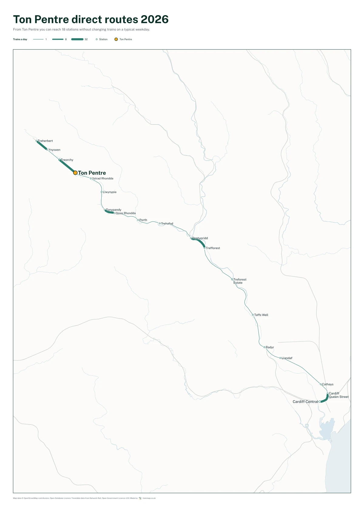 Ton Pentre direct routes 2026: a map of every station you can reach from Ton Pentre without changing trains, the lines thicker where more trains run