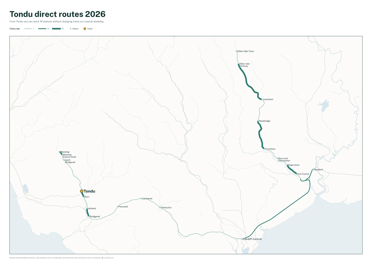 Tondu direct routes 2026: a map of every station you can reach from Tondu without changing trains, the lines thicker where more trains run