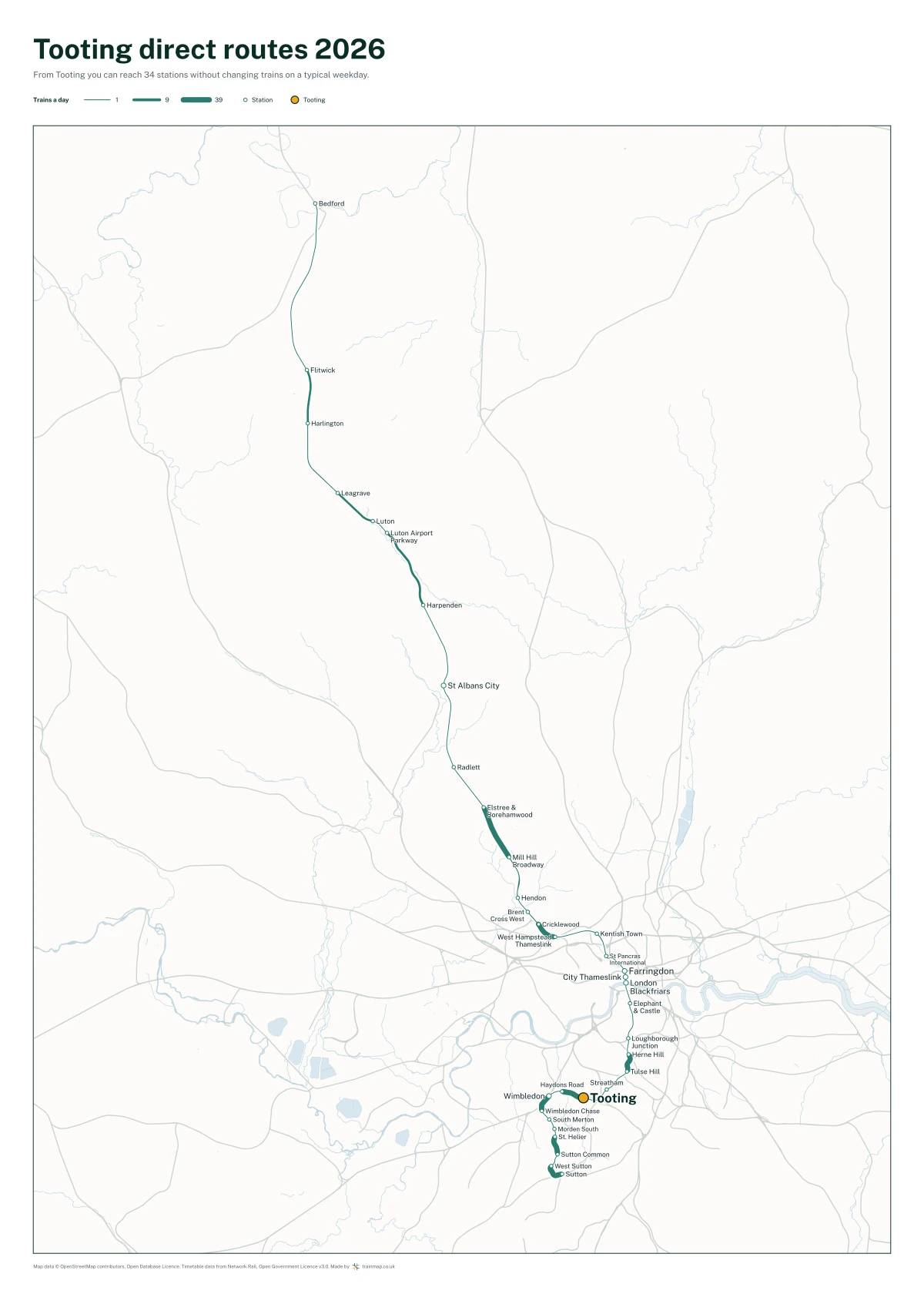 Tooting direct routes 2026: a map of every station you can reach from Tooting without changing trains, the lines thicker where more trains run