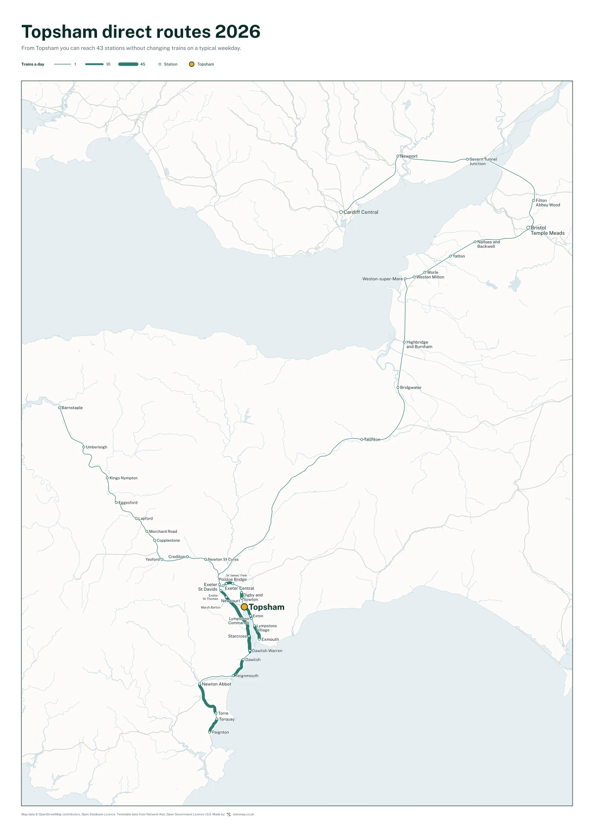 Topsham direct routes 2026: a map of every station you can reach from Topsham without changing trains, the lines thicker where more trains run