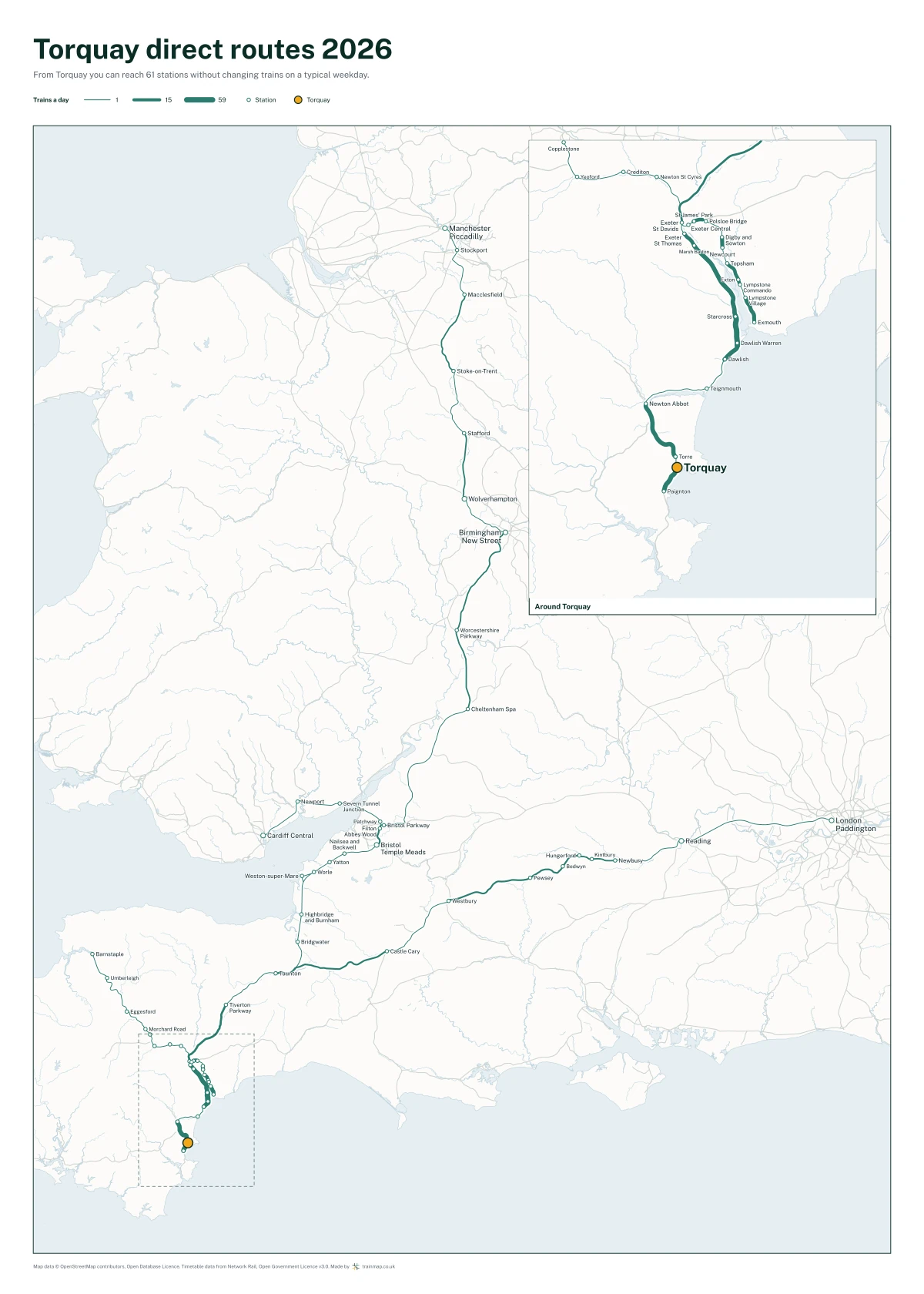Torquay direct routes 2026: a map of every station you can reach from Torquay without changing trains, the lines thicker where more trains run