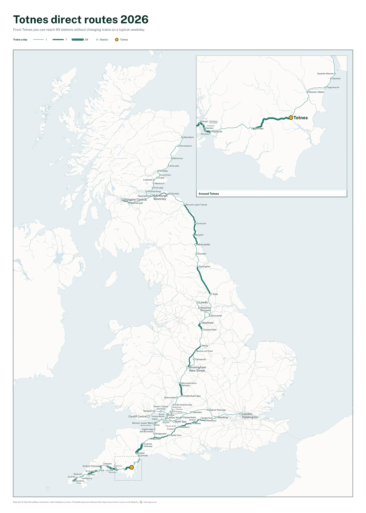 Totnes direct routes 2026: a map of every station you can reach from Totnes without changing trains, the lines thicker where more trains run