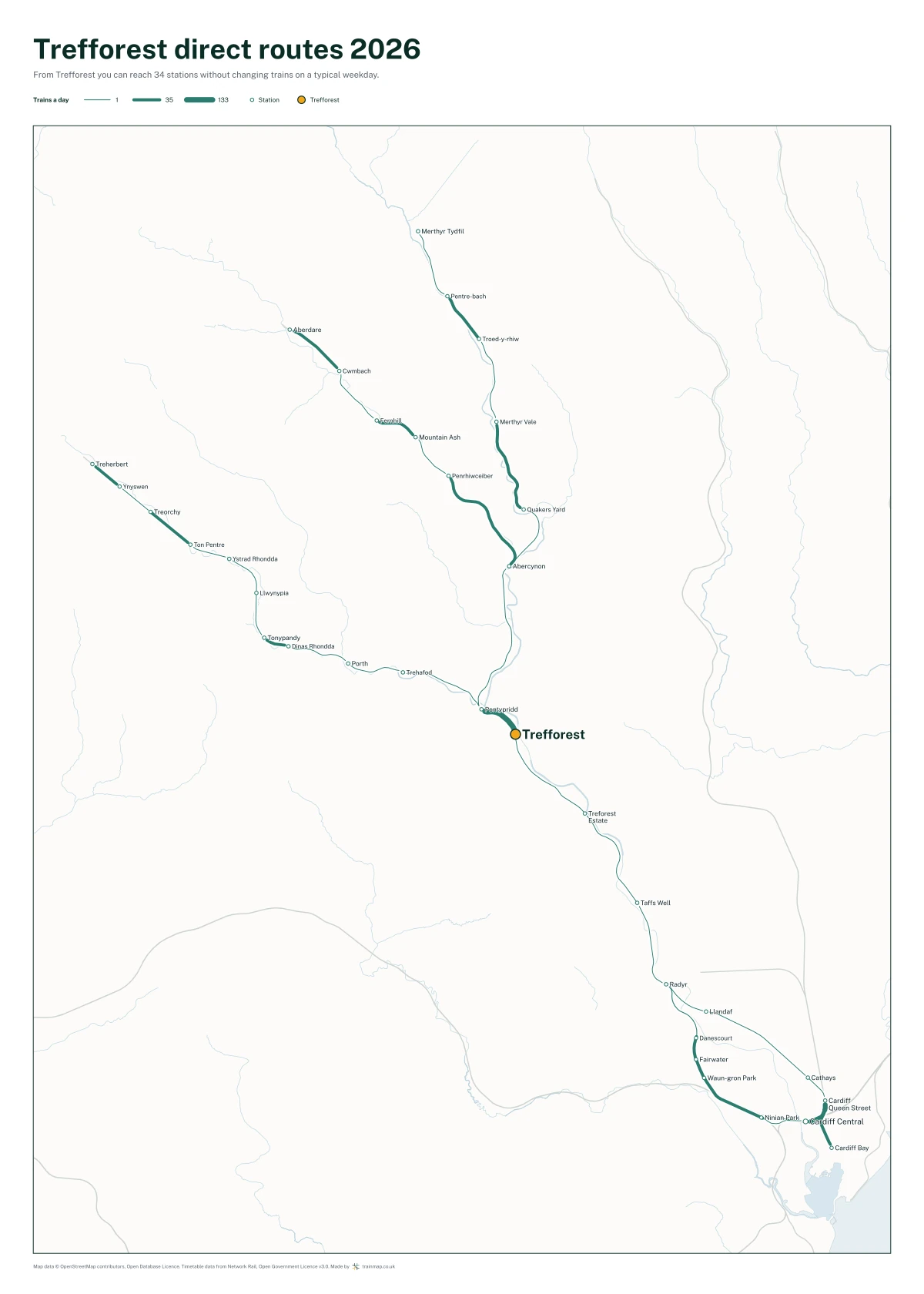 Trefforest direct routes 2026: a map of every station you can reach from Trefforest without changing trains, the lines thicker where more trains run