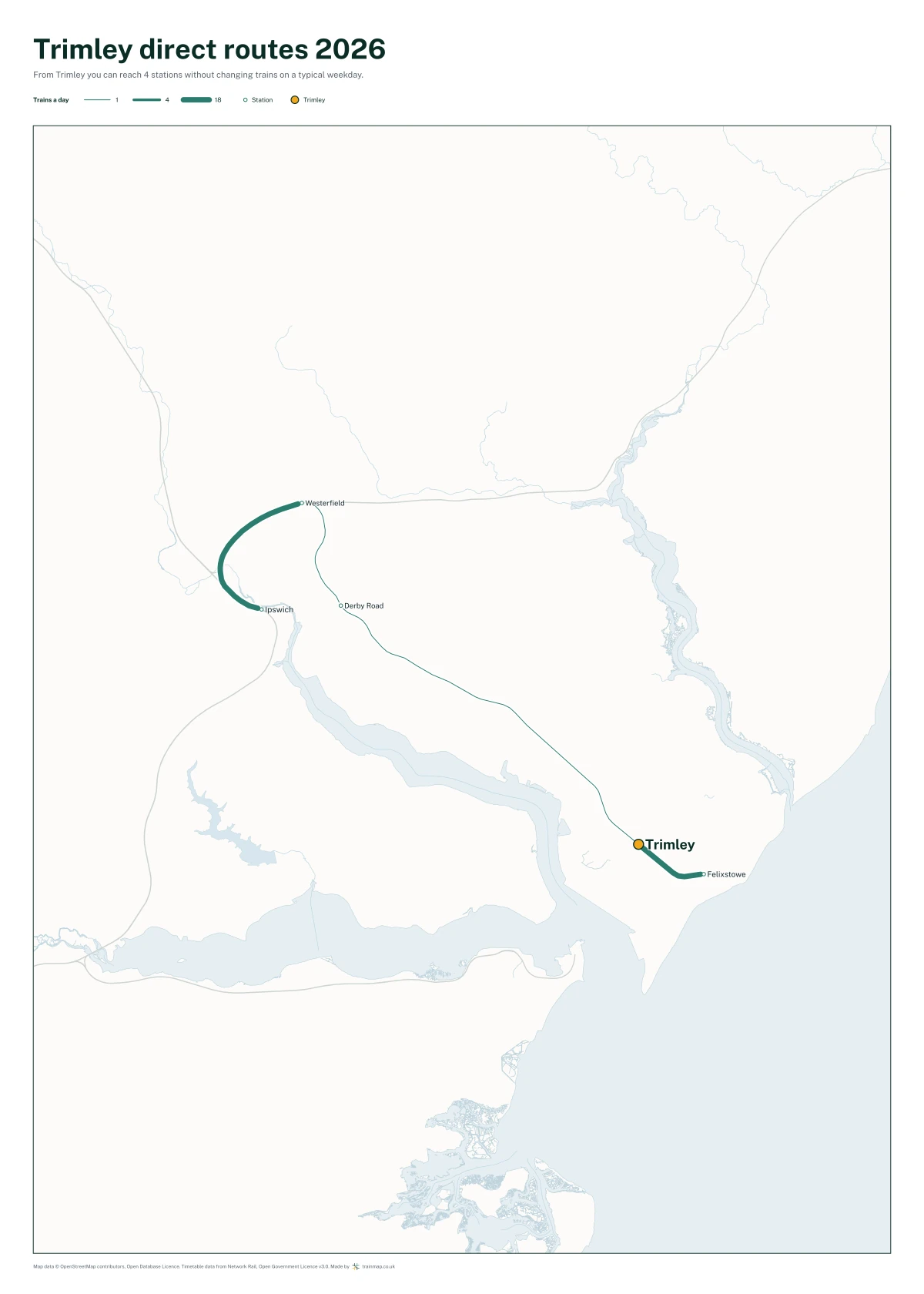 Trimley direct routes 2026: a map of every station you can reach from Trimley without changing trains, the lines thicker where more trains run