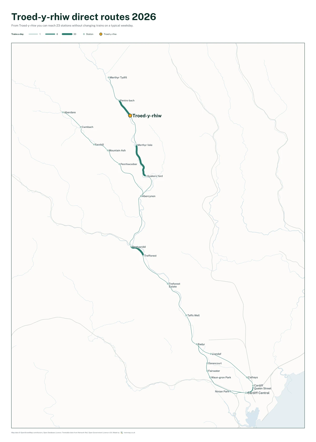 Troed-y-rhiw direct routes 2026: a map of every station you can reach from Troed-y-rhiw without changing trains, the lines thicker where more trains run