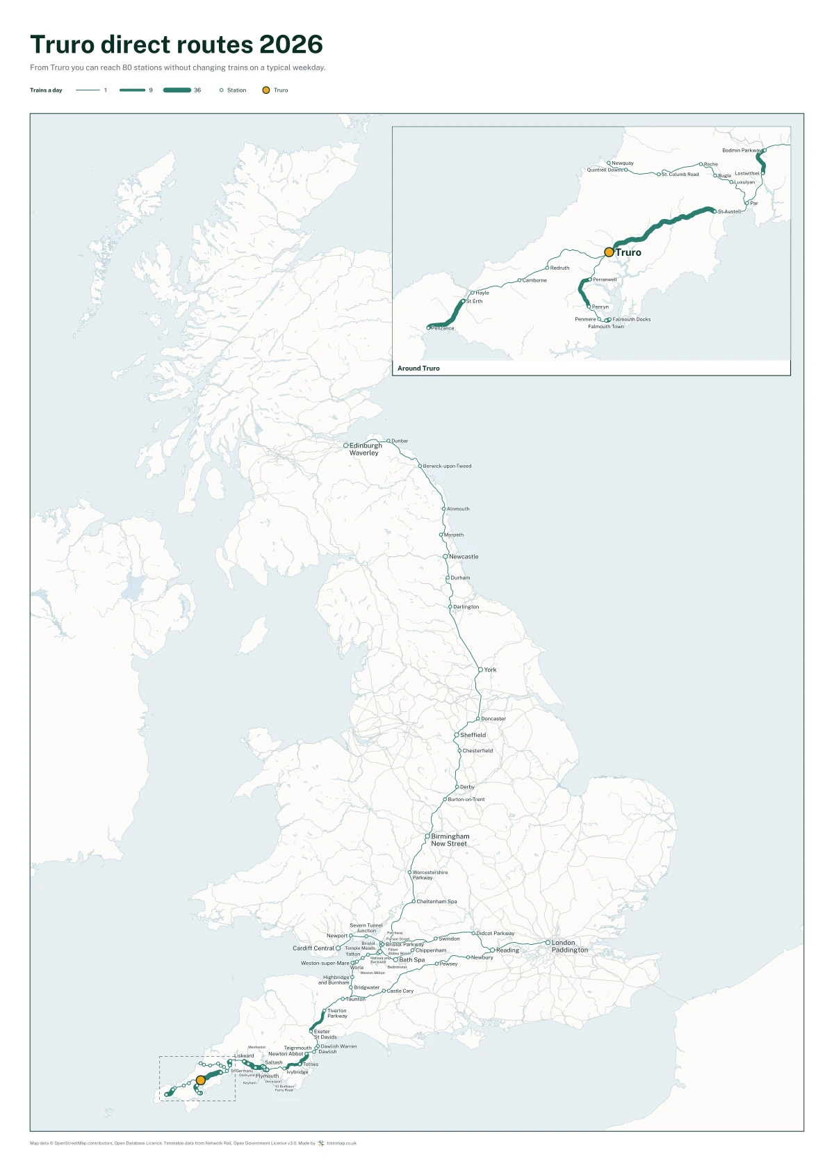 Truro direct routes 2026: a map of every station you can reach from Truro without changing trains, the lines thicker where more trains run