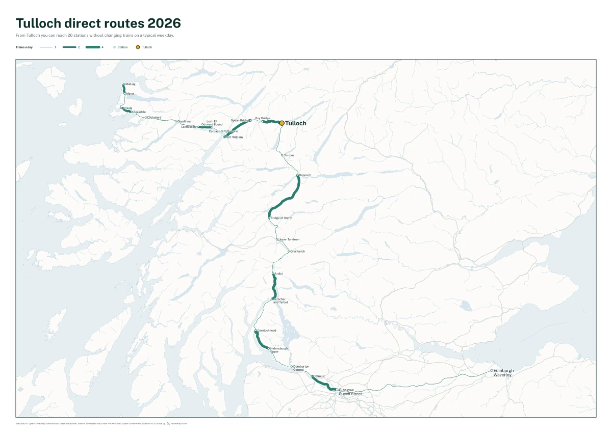 Tulloch direct routes 2026: a map of every station you can reach from Tulloch without changing trains, the lines thicker where more trains run