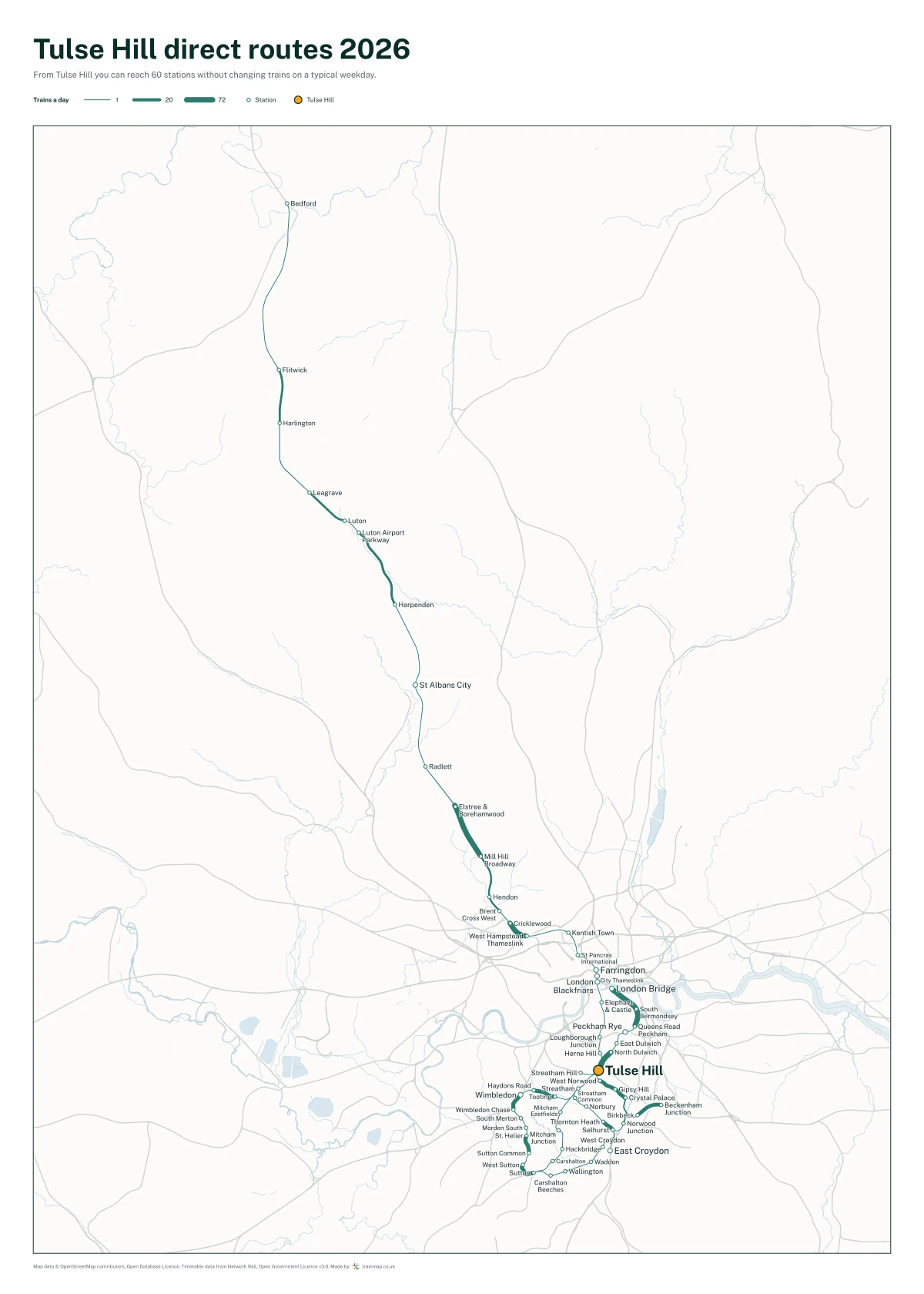 Tulse Hill direct routes 2026: a map of every station you can reach from Tulse Hill without changing trains, the lines thicker where more trains run