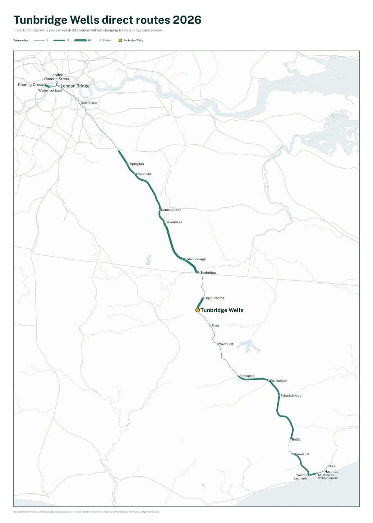 Tunbridge Wells direct routes 2026: a map of every station you can reach from Tunbridge Wells without changing trains, the lines thicker where more trains run