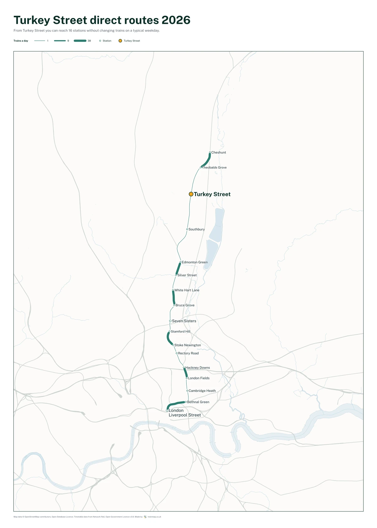 Turkey Street direct routes 2026: a map of every station you can reach from Turkey Street without changing trains, the lines thicker where more trains run