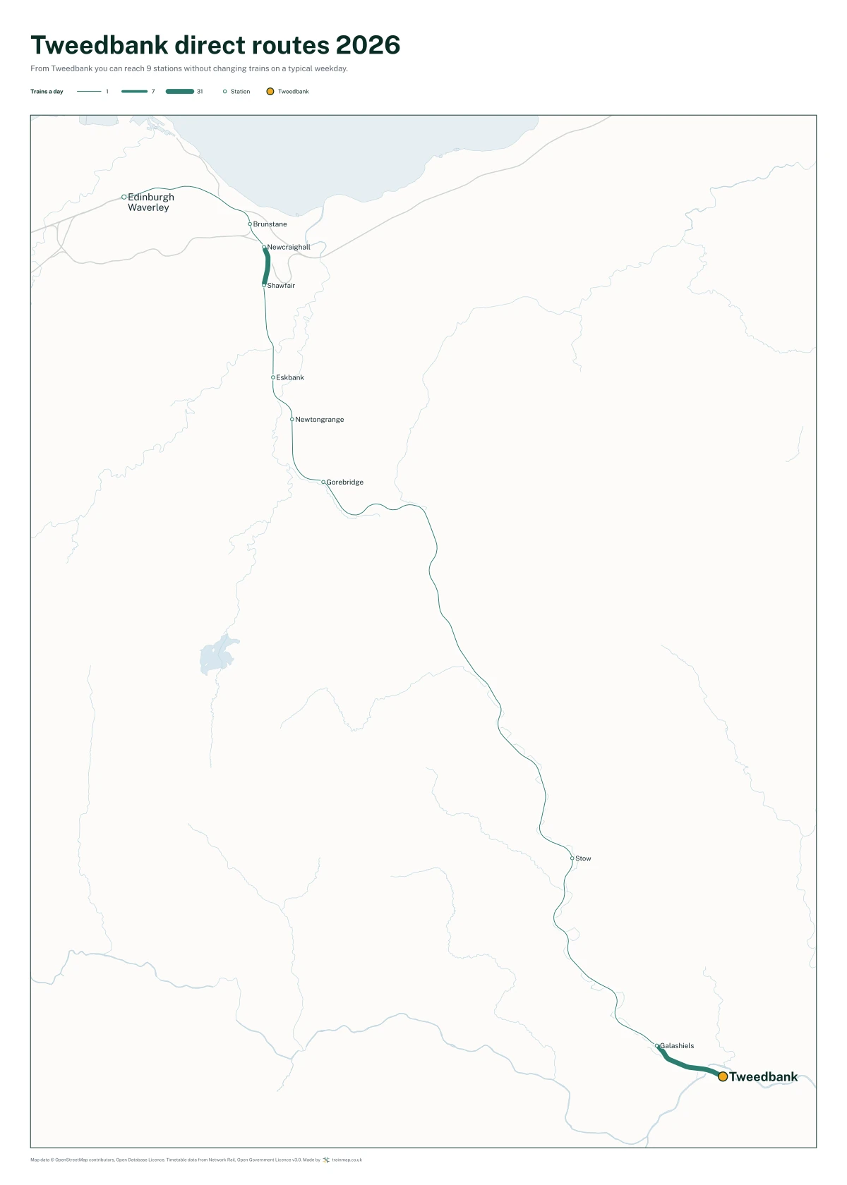 Tweedbank direct routes 2026: a map of every station you can reach from Tweedbank without changing trains, the lines thicker where more trains run