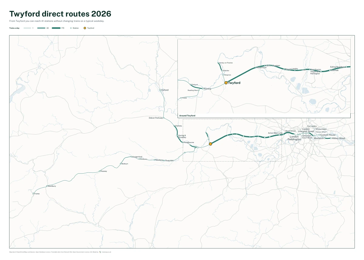 Twyford direct routes 2026: a map of every station you can reach from Twyford without changing trains, the lines thicker where more trains run