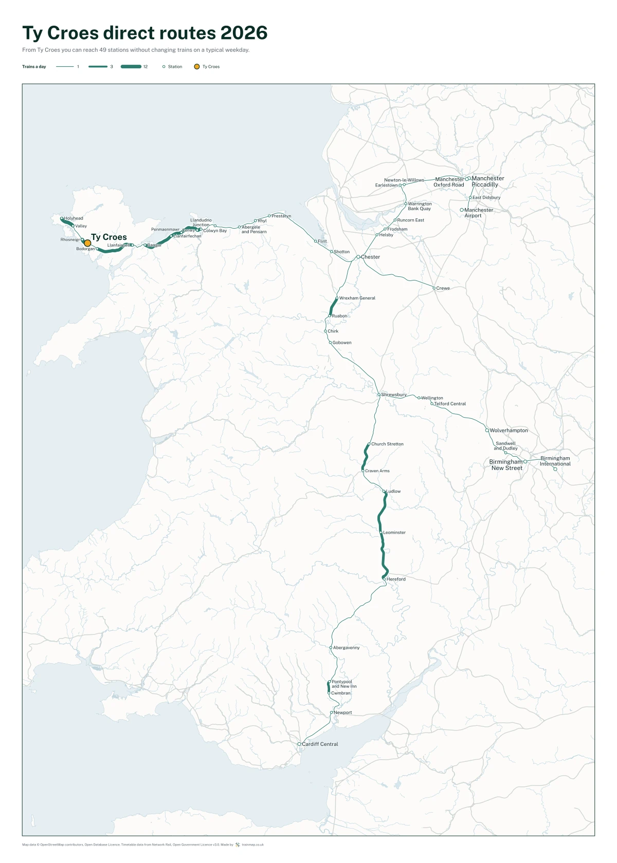 Ty Croes direct routes 2026: a map of every station you can reach from Ty Croes without changing trains, the lines thicker where more trains run