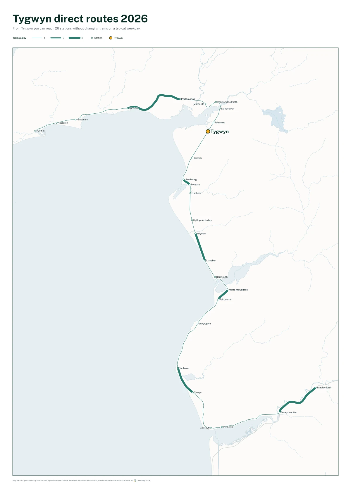Tygwyn direct routes 2026: a map of every station you can reach from Tygwyn without changing trains, the lines thicker where more trains run