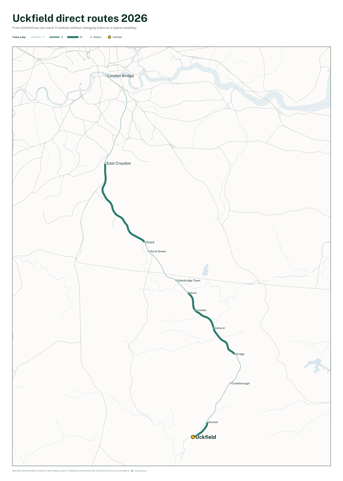 Uckfield direct routes 2026: a map of every station you can reach from Uckfield without changing trains, the lines thicker where more trains run