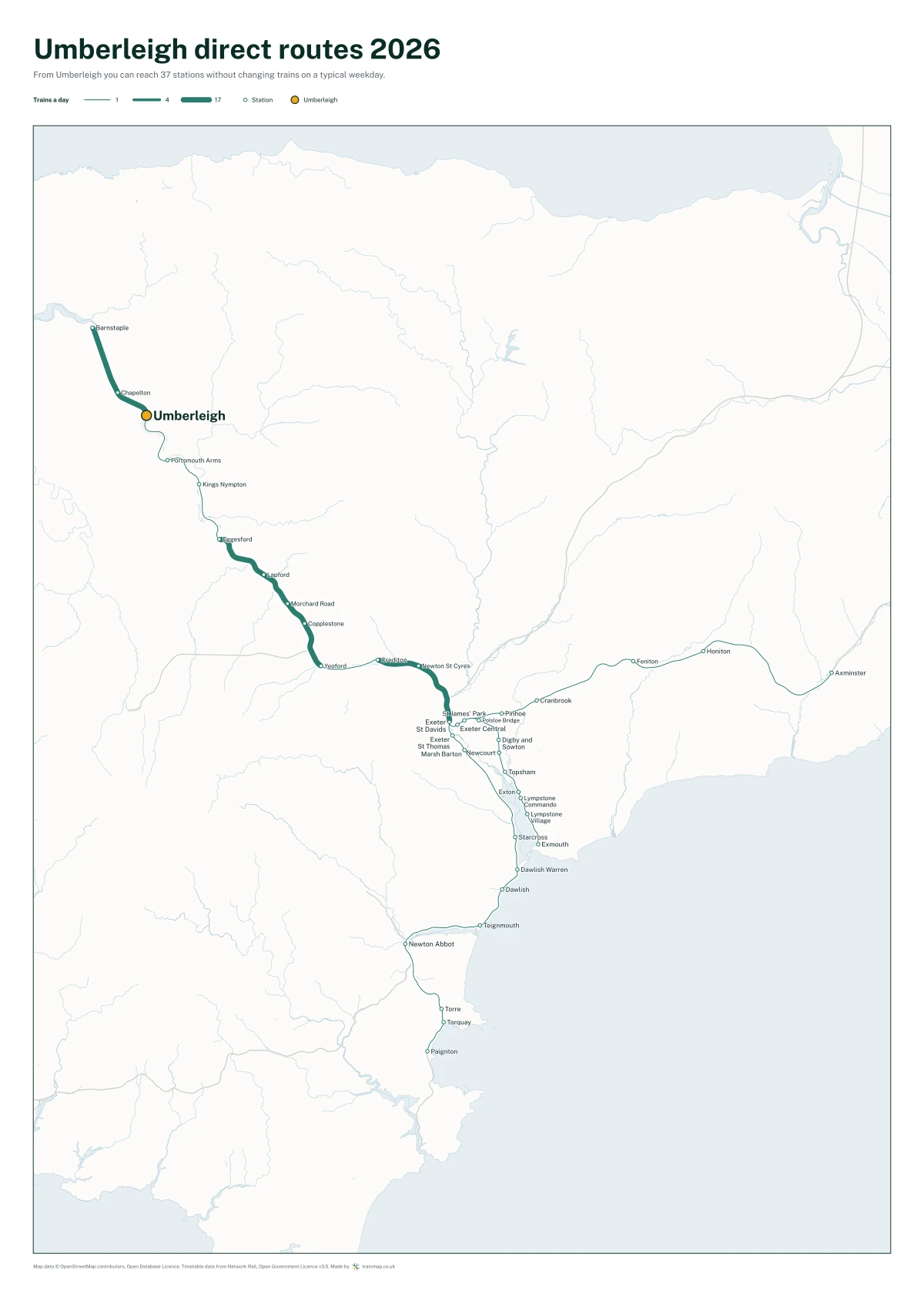 Umberleigh direct routes 2026: a map of every station you can reach from Umberleigh without changing trains, the lines thicker where more trains run