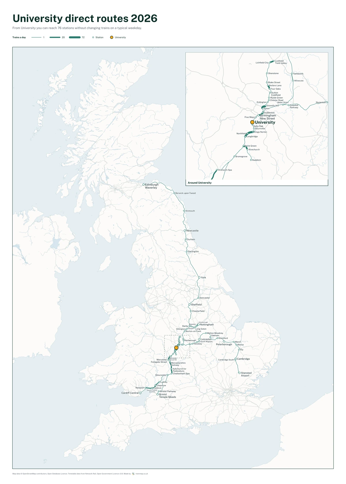 University direct routes 2026: a map of every station you can reach from University without changing trains, the lines thicker where more trains run