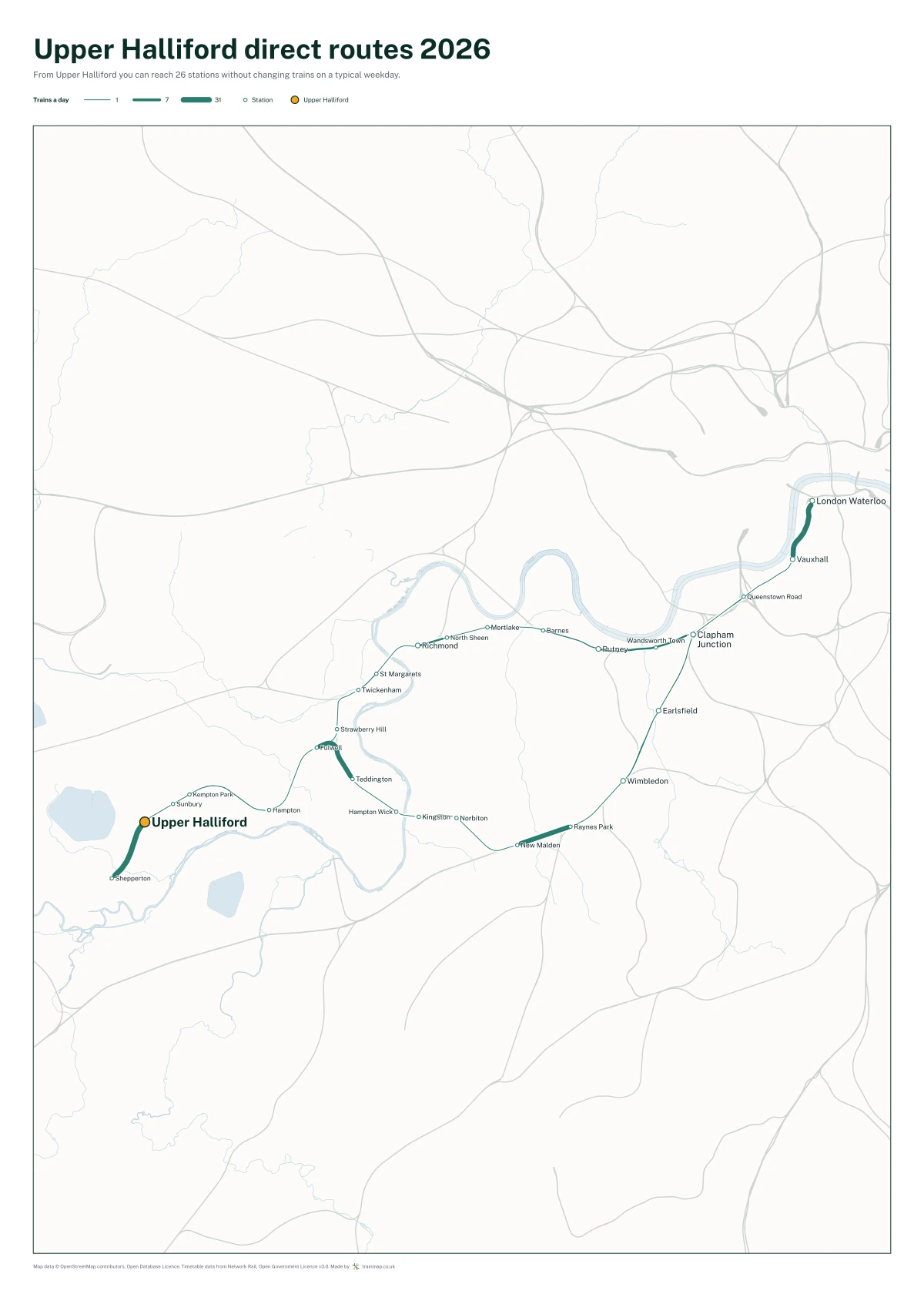 Upper Halliford direct routes 2026: a map of every station you can reach from Upper Halliford without changing trains, the lines thicker where more trains run