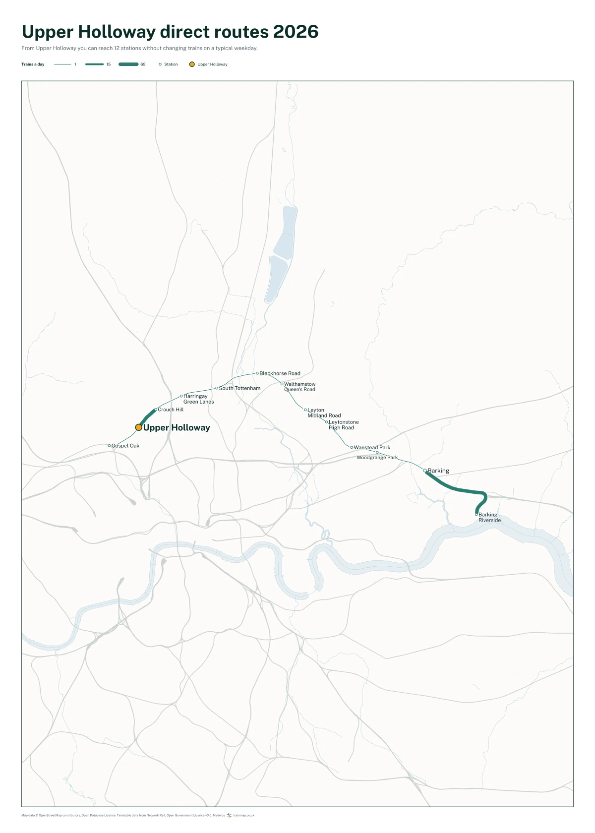 Upper Holloway direct routes 2026: a map of every station you can reach from Upper Holloway without changing trains, the lines thicker where more trains run
