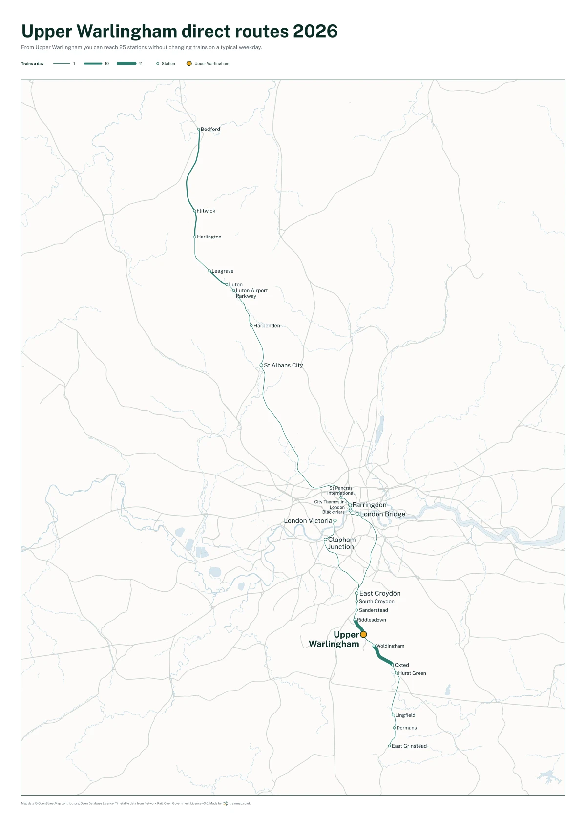 Upper Warlingham direct routes 2026: a map of every station you can reach from Upper Warlingham without changing trains, the lines thicker where more trains run