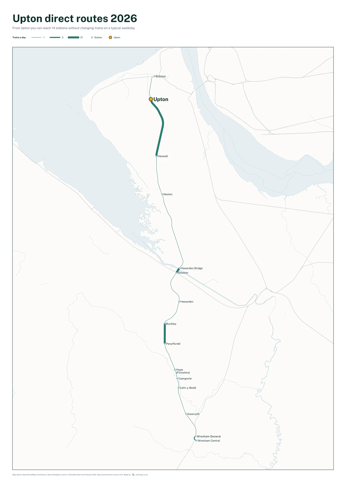Upton direct routes 2026: a map of every station you can reach from Upton without changing trains, the lines thicker where more trains run