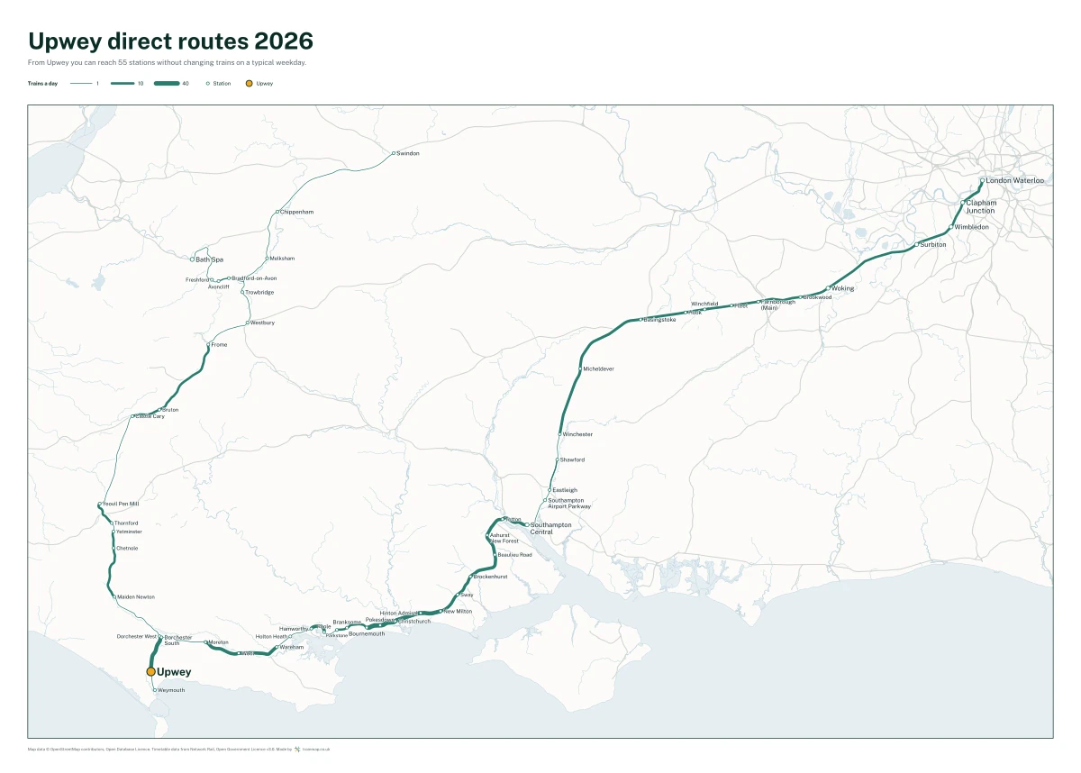 Upwey direct routes 2026: a map of every station you can reach from Upwey without changing trains, the lines thicker where more trains run