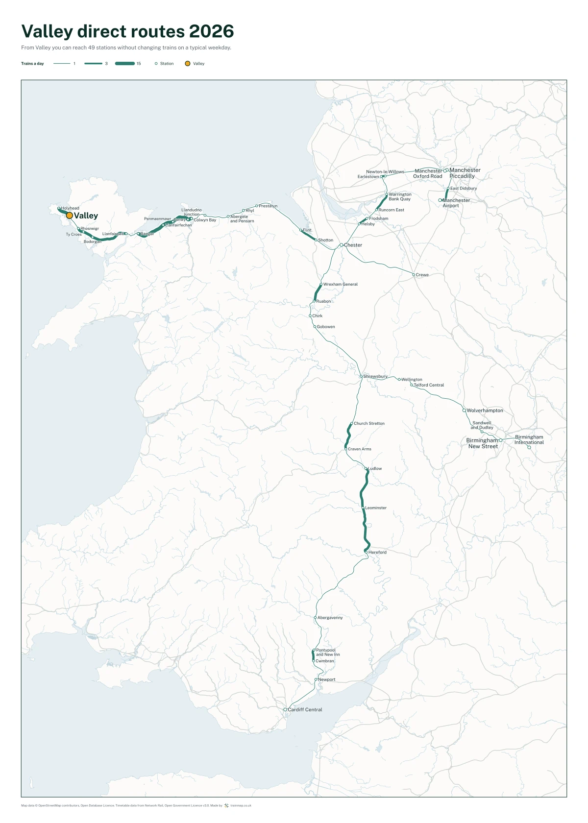 Valley direct routes 2026: a map of every station you can reach from Valley without changing trains, the lines thicker where more trains run