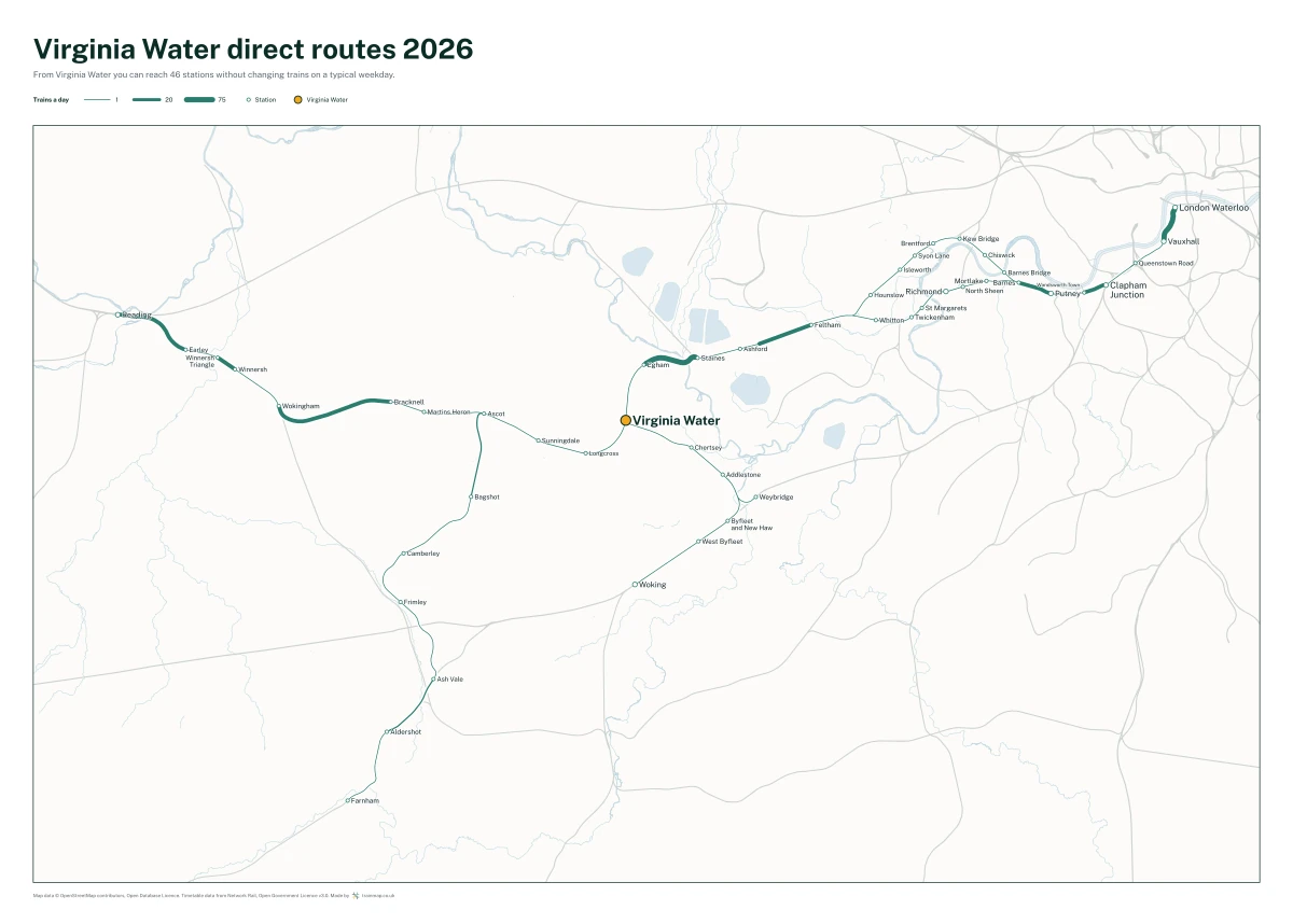 Virginia Water direct routes 2026: a map of every station you can reach from Virginia Water without changing trains, the lines thicker where more trains run