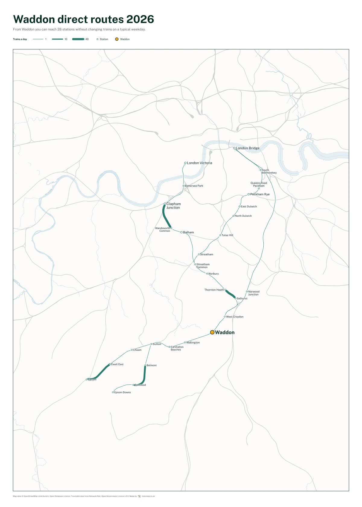 Waddon direct routes 2026: a map of every station you can reach from Waddon without changing trains, the lines thicker where more trains run