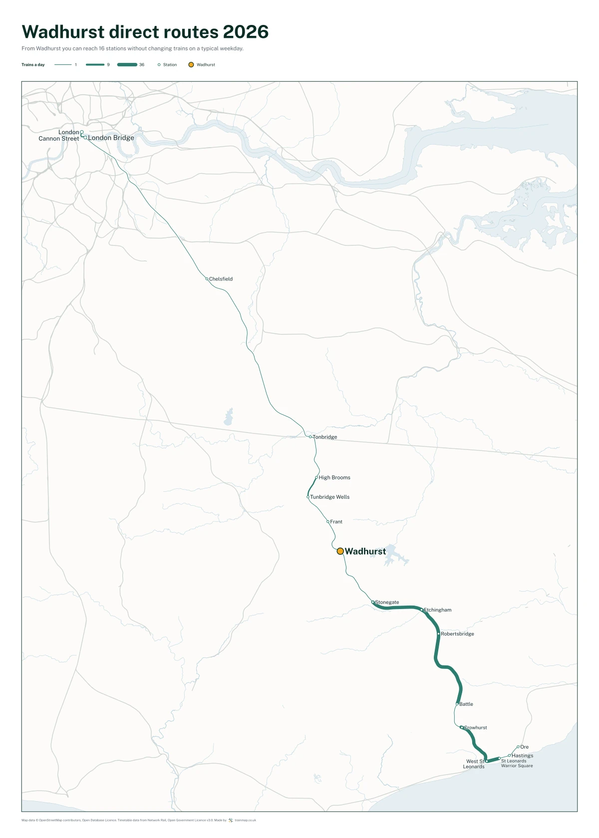 Wadhurst direct routes 2026: a map of every station you can reach from Wadhurst without changing trains, the lines thicker where more trains run