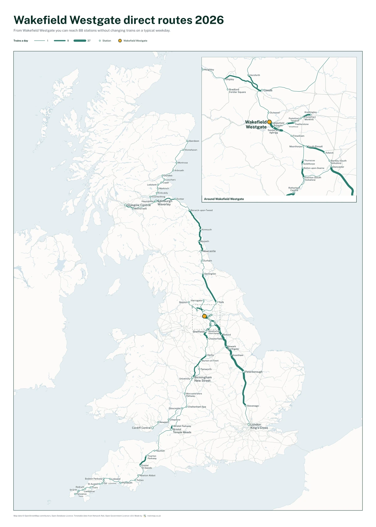 Wakefield Westgate direct routes 2026: a map of every station you can reach from Wakefield Westgate without changing trains, the lines thicker where more trains run