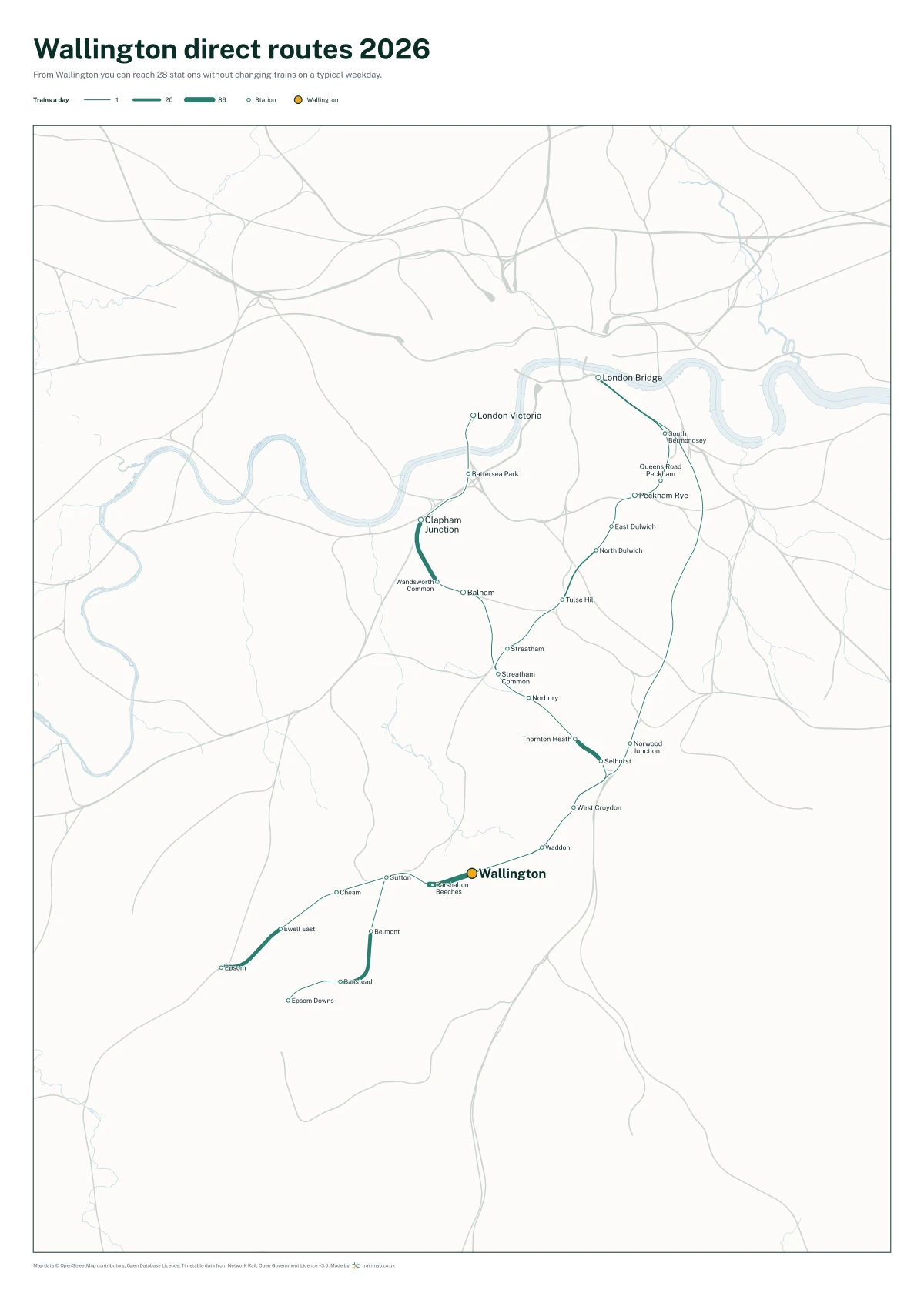 Wallington direct routes 2026: a map of every station you can reach from Wallington without changing trains, the lines thicker where more trains run