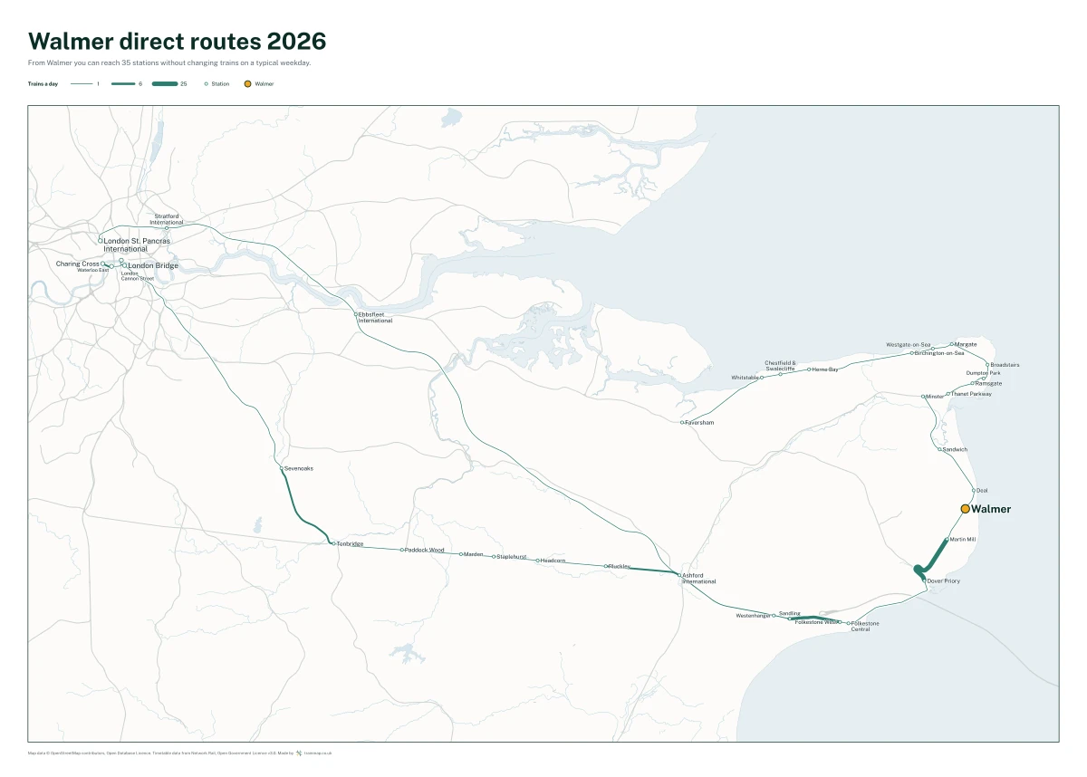 Walmer direct routes 2026: a map of every station you can reach from Walmer without changing trains, the lines thicker where more trains run
