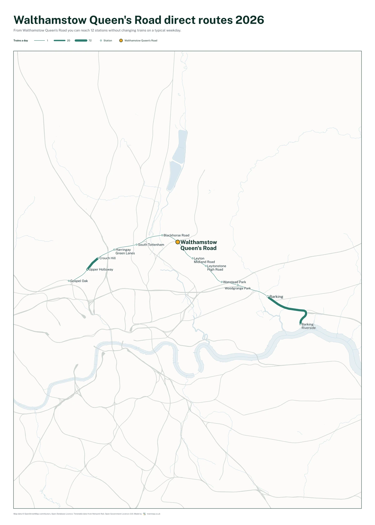 Walthamstow Queen's Road direct routes 2026: a map of every station you can reach from Walthamstow Queen's Road without changing trains, the lines thicker where more trains run