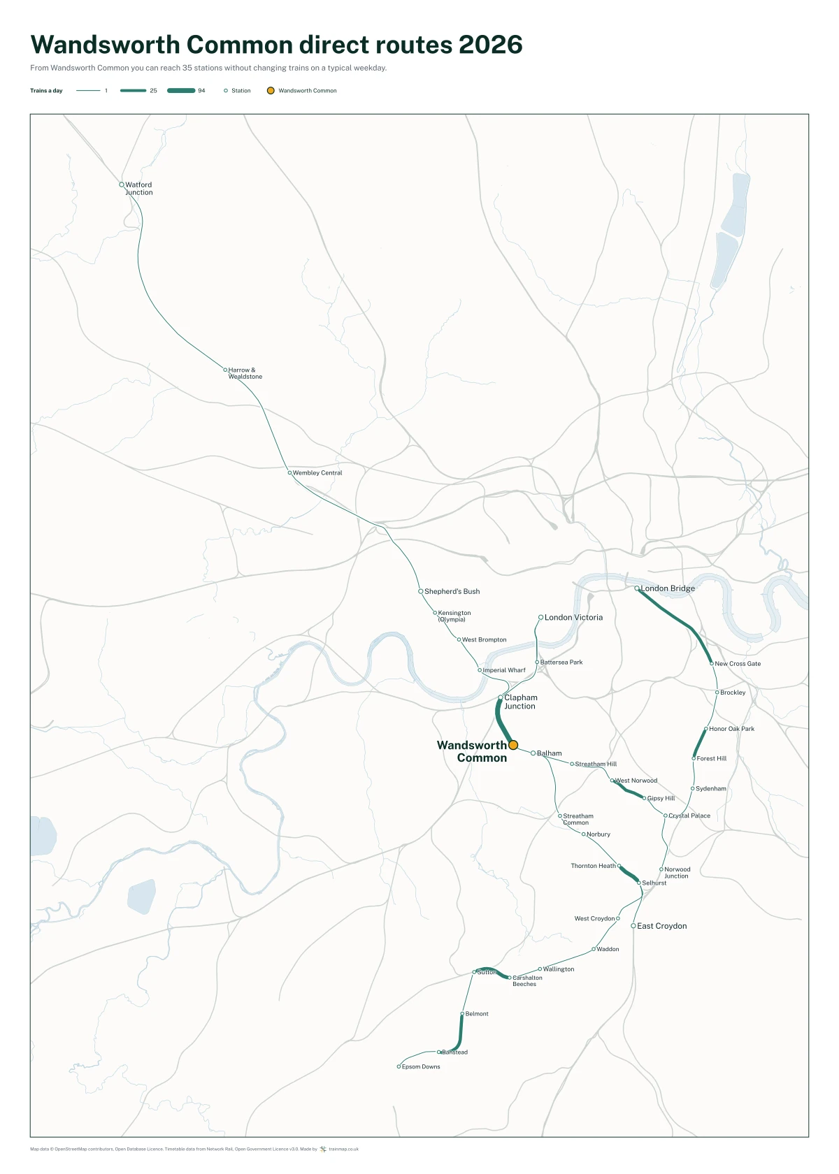 Wandsworth Common direct routes 2026: a map of every station you can reach from Wandsworth Common without changing trains, the lines thicker where more trains run