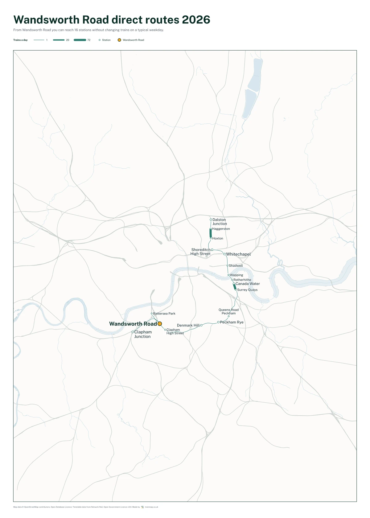 Wandsworth Road direct routes 2026: a map of every station you can reach from Wandsworth Road without changing trains, the lines thicker where more trains run