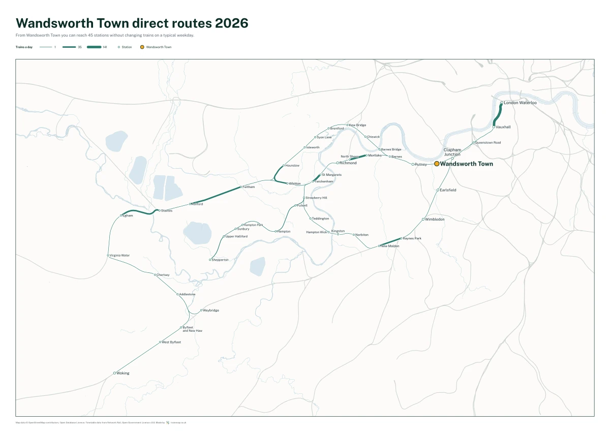 Wandsworth Town direct routes 2026: a map of every station you can reach from Wandsworth Town without changing trains, the lines thicker where more trains run