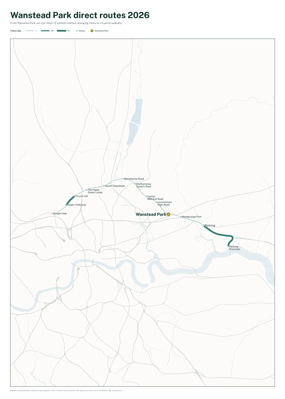 Wanstead Park direct routes 2026: a map of every station you can reach from Wanstead Park without changing trains, the lines thicker where more trains run