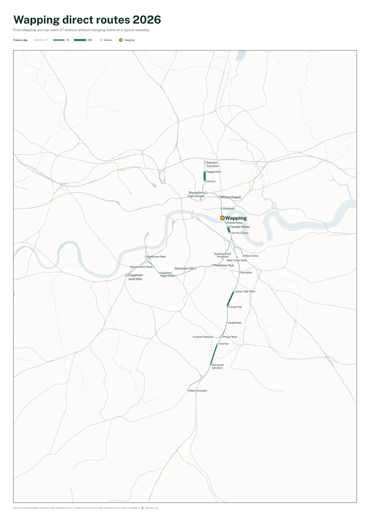 Wapping direct routes 2026: a map of every station you can reach from Wapping without changing trains, the lines thicker where more trains run