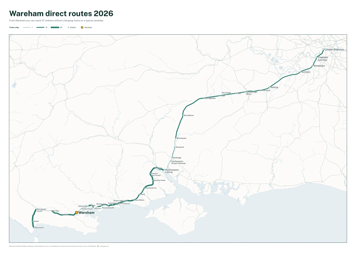 Wareham direct routes 2026: a map of every station you can reach from Wareham without changing trains, the lines thicker where more trains run