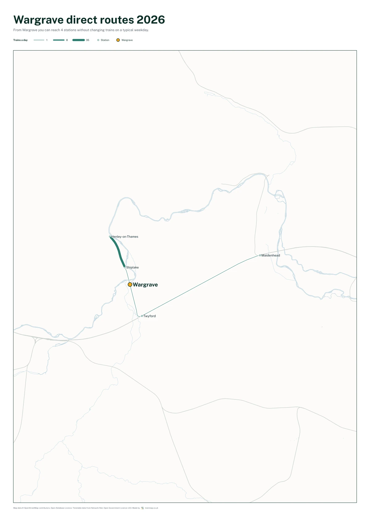Wargrave direct routes 2026: a map of every station you can reach from Wargrave without changing trains, the lines thicker where more trains run