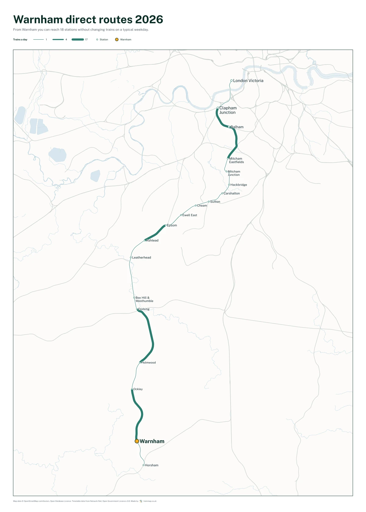 Warnham direct routes 2026: a map of every station you can reach from Warnham without changing trains, the lines thicker where more trains run