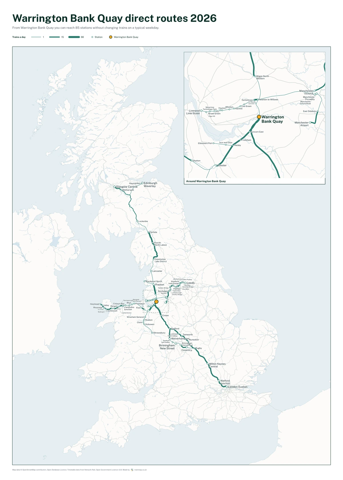 Warrington Bank Quay direct routes 2026: a map of every station you can reach from Warrington Bank Quay without changing trains, the lines thicker where more trains run