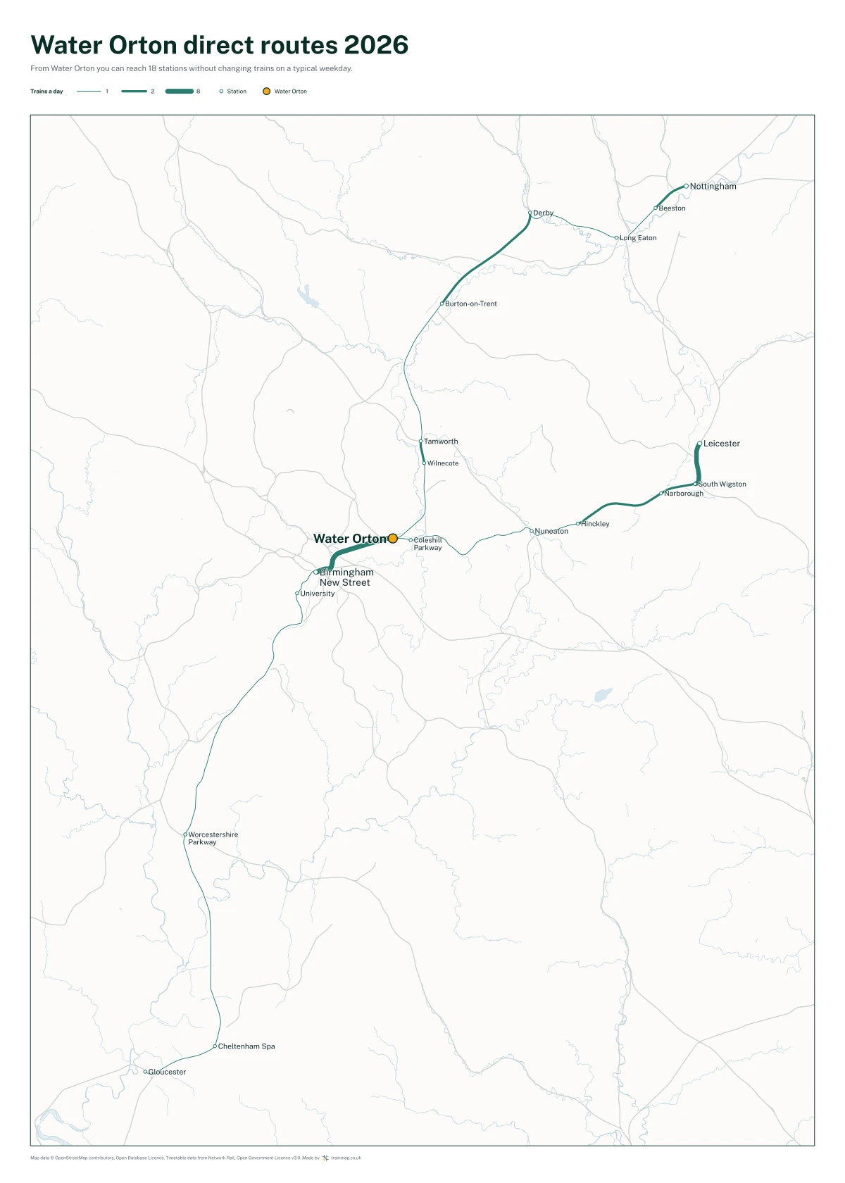 Water Orton direct routes 2026: a map of every station you can reach from Water Orton without changing trains, the lines thicker where more trains run