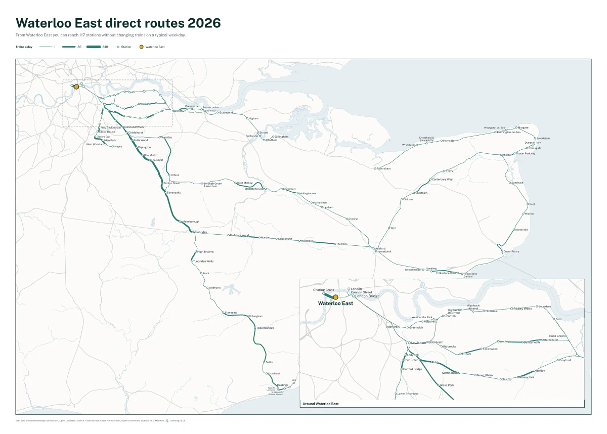 Waterloo East direct routes 2026: a map of every station you can reach from Waterloo East without changing trains, the lines thicker where more trains run