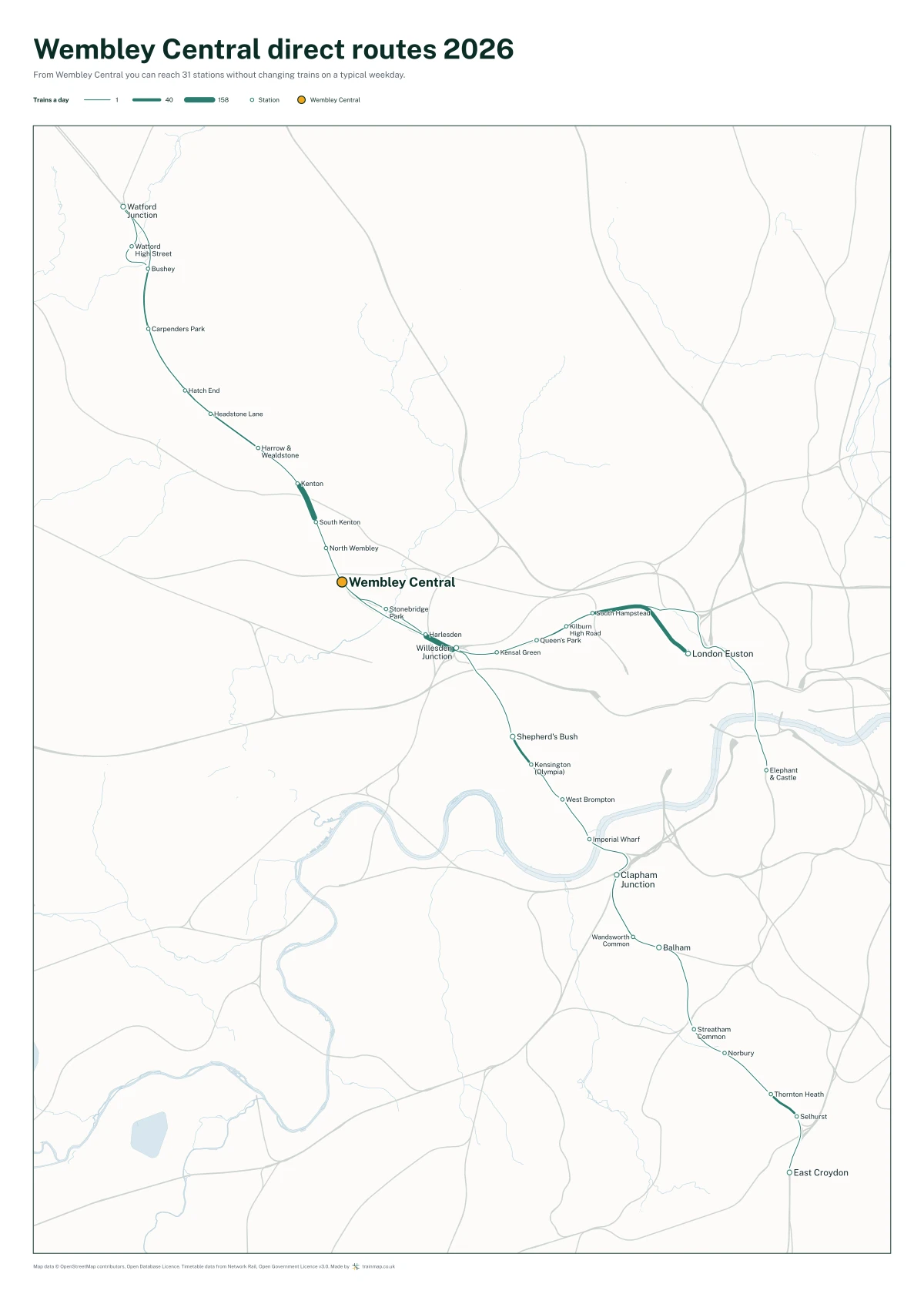 Wembley Central direct routes 2026: a map of every station you can reach from Wembley Central without changing trains, the lines thicker where more trains run