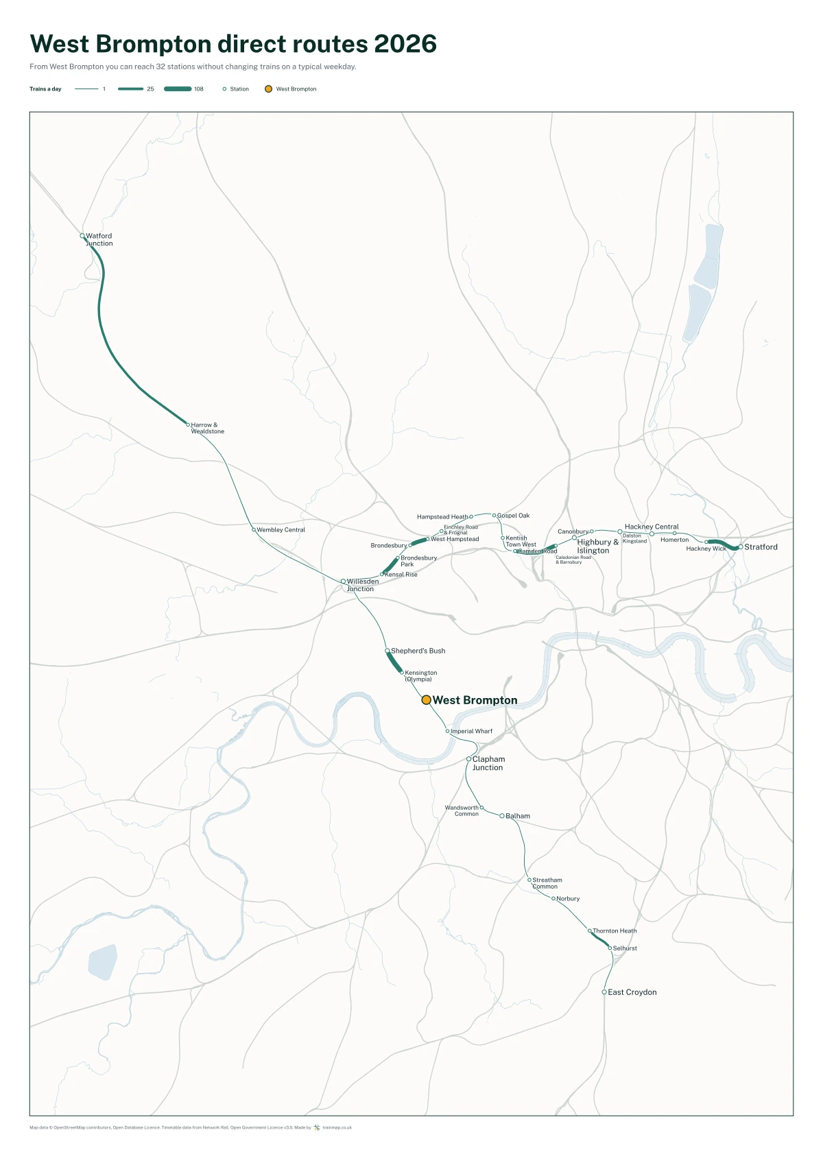 West Brompton direct routes 2026: a map of every station you can reach from West Brompton without changing trains, the lines thicker where more trains run